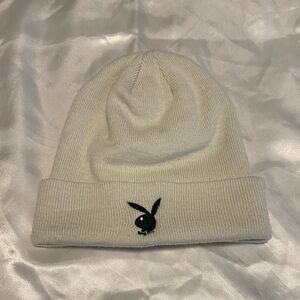PLAYBOY by Pacsun Cream White Logo Beanie / Black Bunny